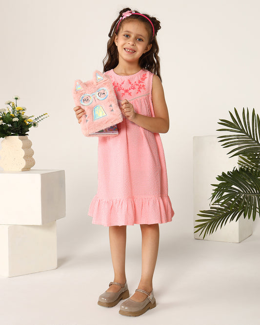 Pink girls sleeveless A-line dress with ruffle detailing and flared hem
