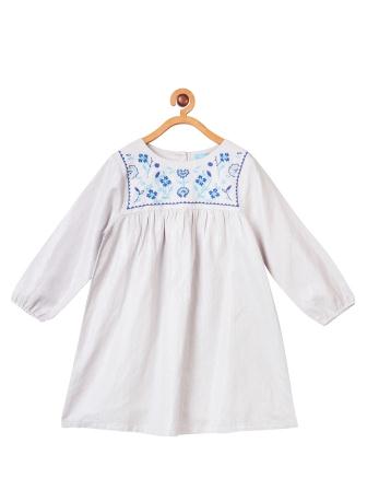 White girls long sleeve dress with colourful embroidered detailing and gathered waist