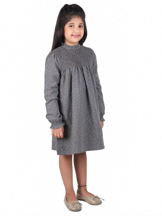 Grey girls long sleeve A-line dress with gathered waist and flared hem