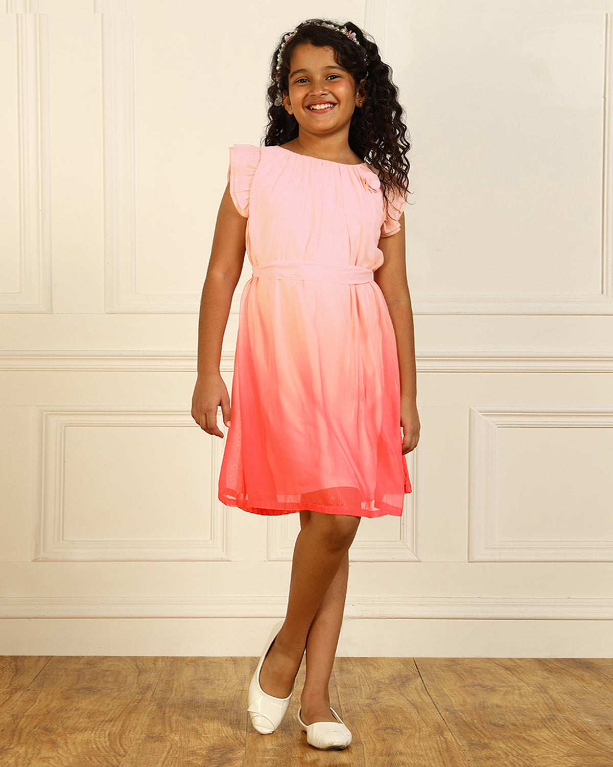 Pink girls sleeveless A-line dress with ombre effect and flared hem
