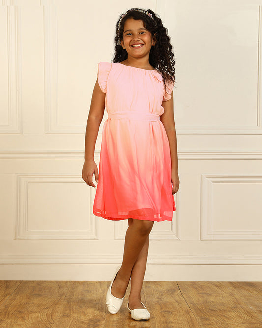 Pink girls sleeveless A-line dress with ombre effect and flared hem