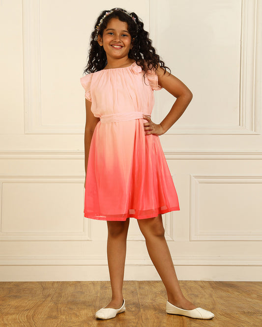 Pink girls sleeveless A-line dress with ombre effect and flared hem