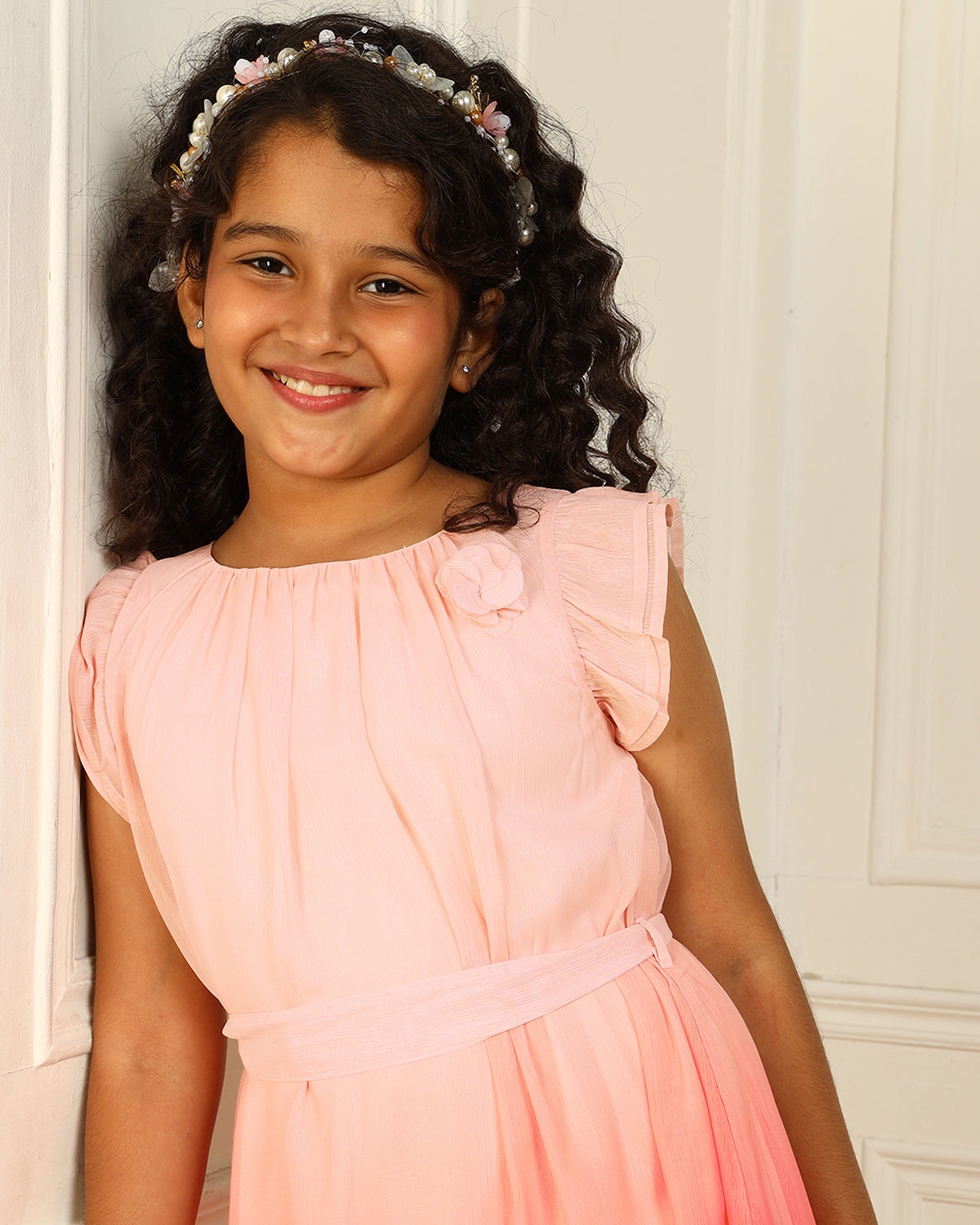 Pink girls sleeveless A-line dress with ombre effect and flared hem
