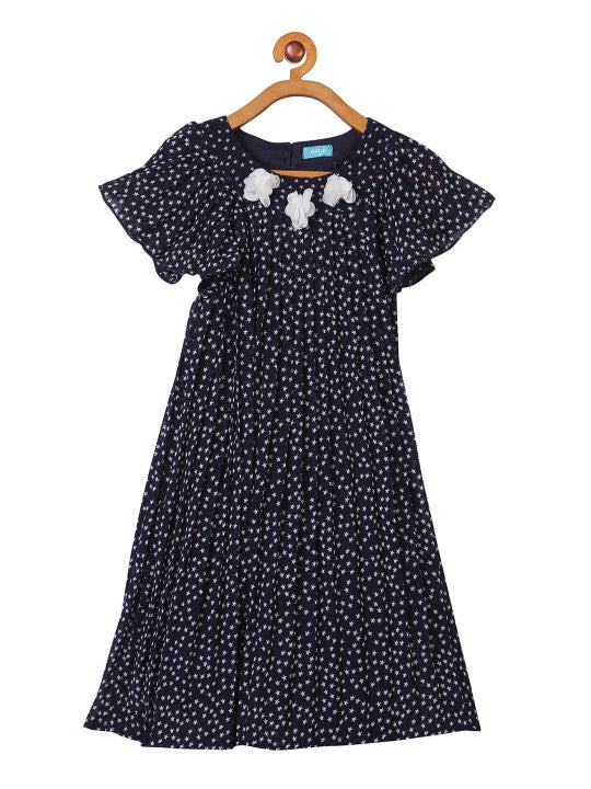 Black girls short sleeve fit and flare dress with floral embroidery and flared hem
