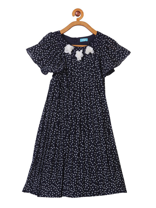 Black girls short sleeve fit and flare dress with floral embroidery and flared hem