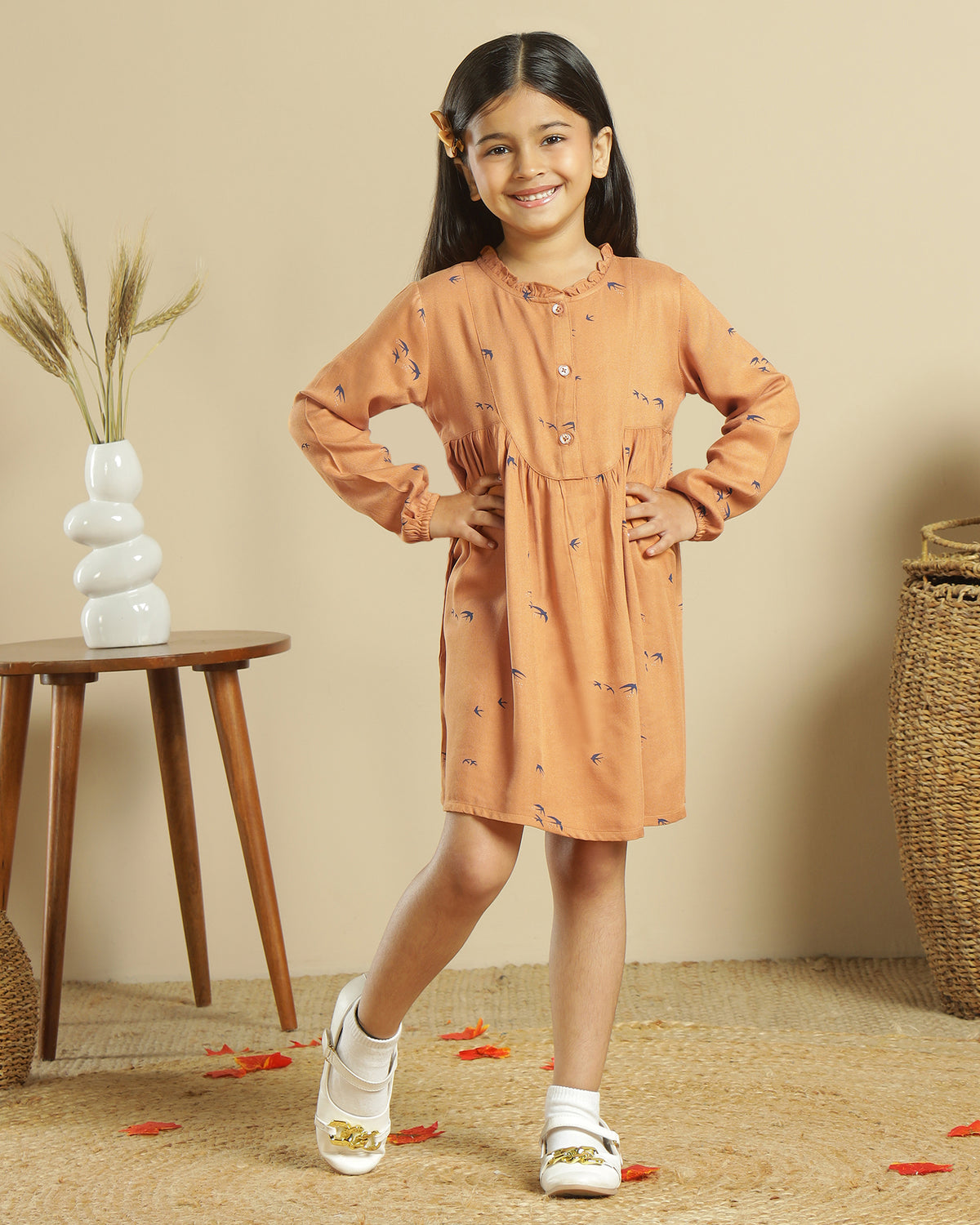 Mustard girls long sleeve dress with gathered waist, ruffle detailing and flared hem