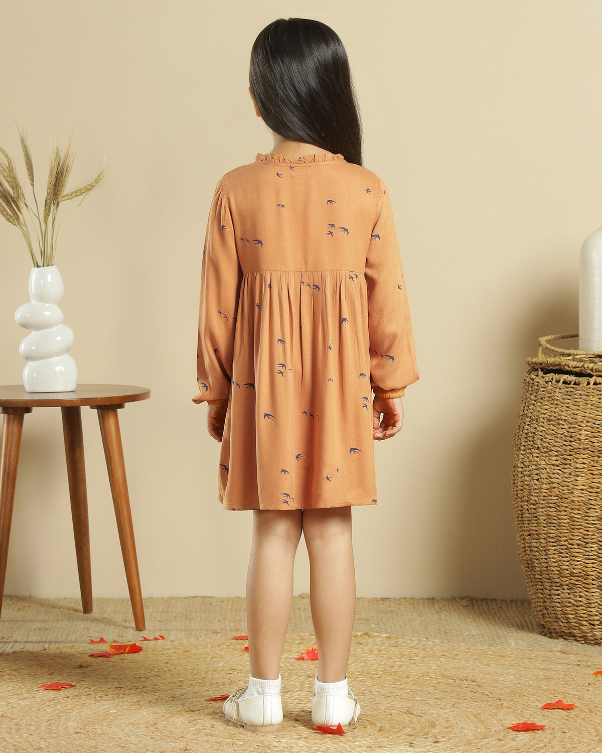 Mustard girls long sleeve dress with gathered waist, ruffle detailing and flared hem