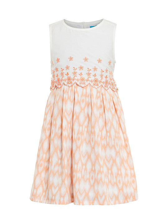 White and peach girls sleeveless dress with checked flared skirt and gathered waist