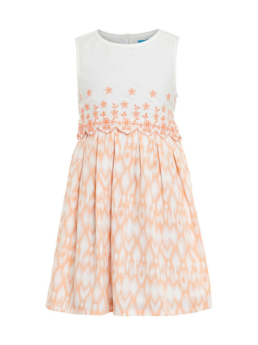 White and peach girls sleeveless dress with checked flared skirt and gathered waist