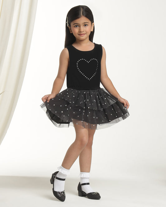 Black girls sleeveless party dress with sequin heart bodice and layered ruffle skirt