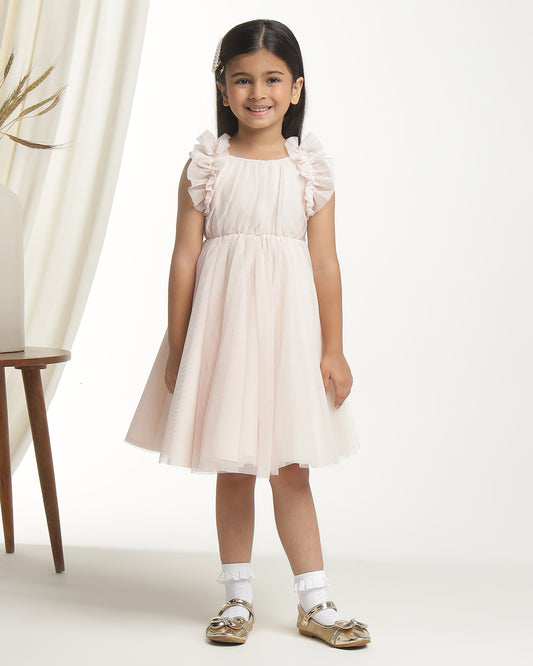 Blush pink girls sleeveless fit and flare dress with pleated skirt and flared hem
