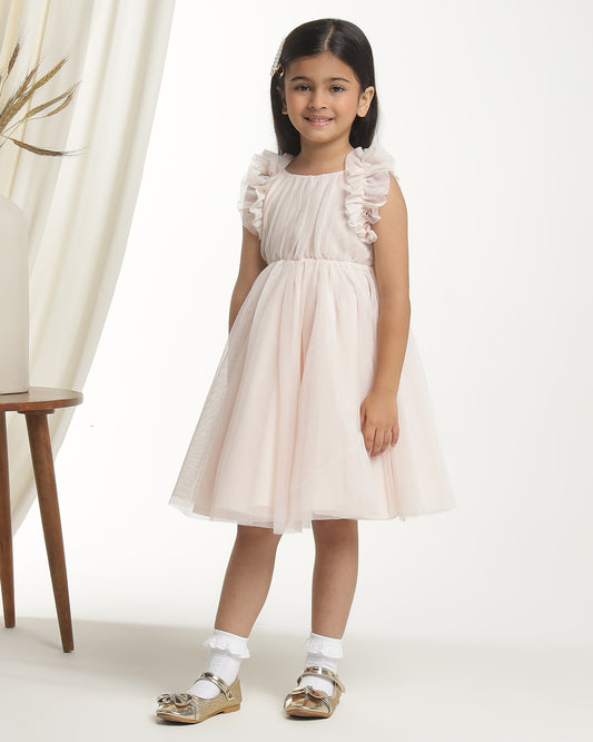 Blush pink girls sleeveless fit and flare dress with pleated skirt and flared hem