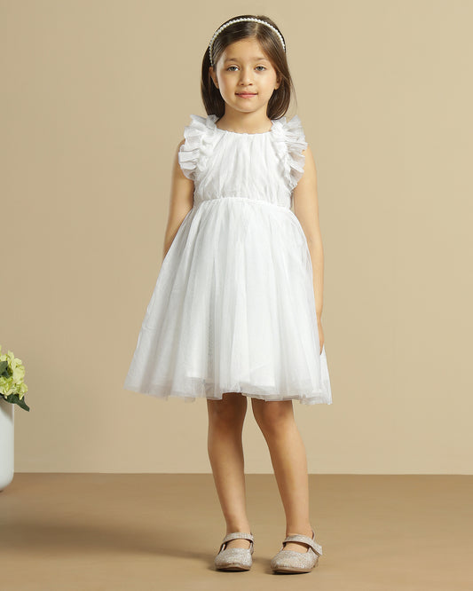White girls sleeveless A-line dress with minimal detailing and flared hem
