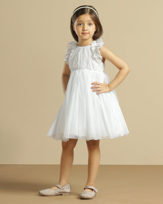 White girls sleeveless A-line dress with minimal detailing and flared hem