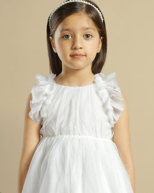 White girls sleeveless A-line dress with minimal detailing and flared hem