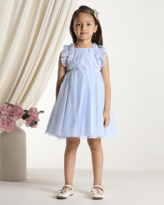 Light blue girls sleeveless fit and flare dress with pleated skirt and flared hem