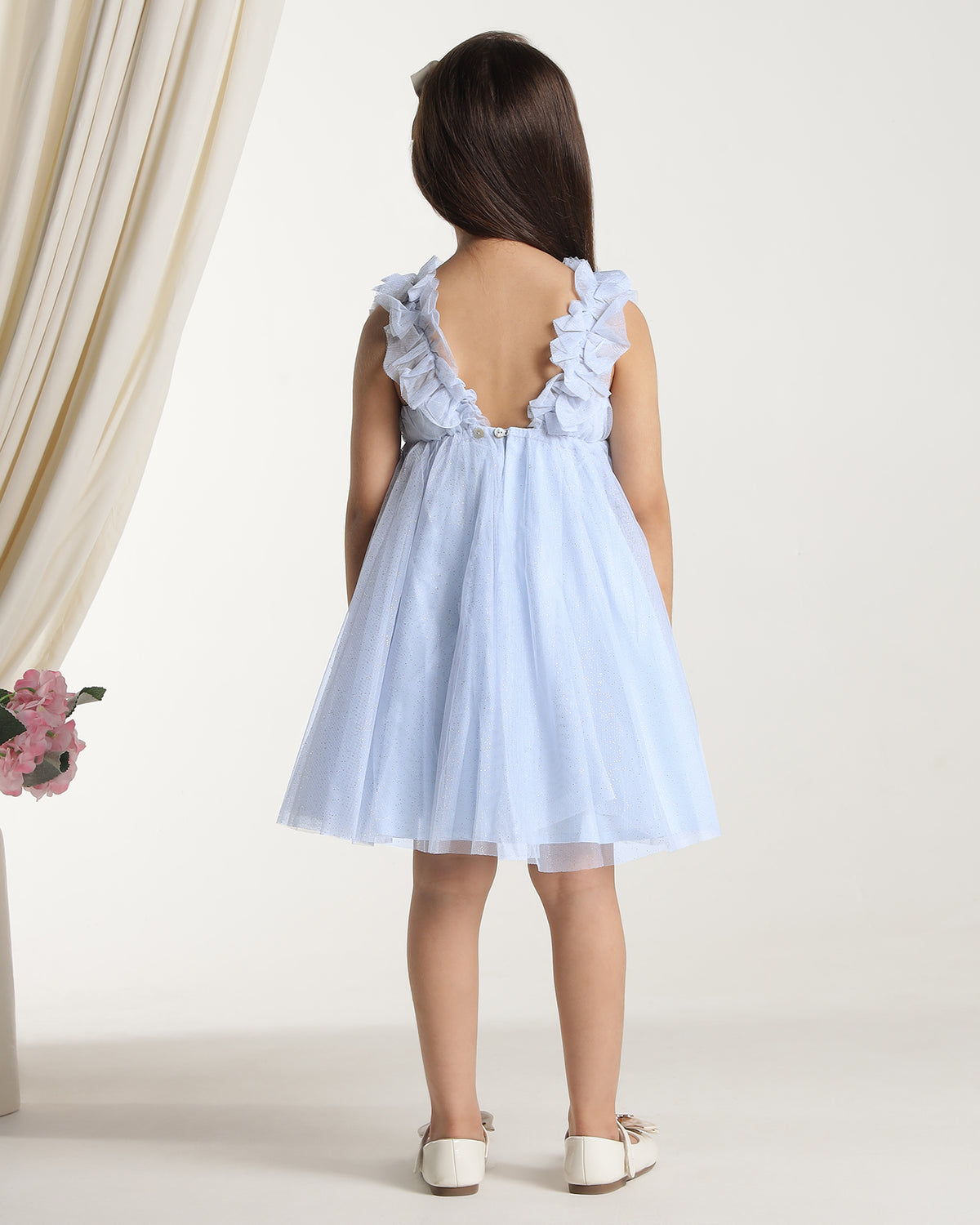 Light blue girls sleeveless fit and flare dress with pleated skirt and flared hem