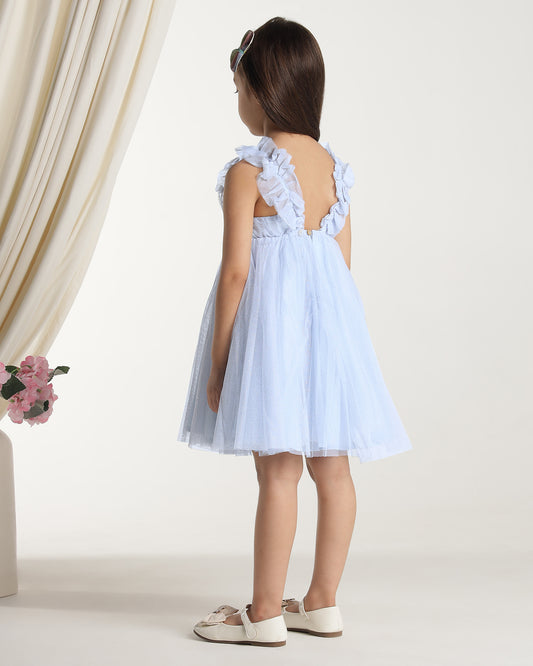 Light blue girls sleeveless fit and flare dress with pleated skirt and flared hem
