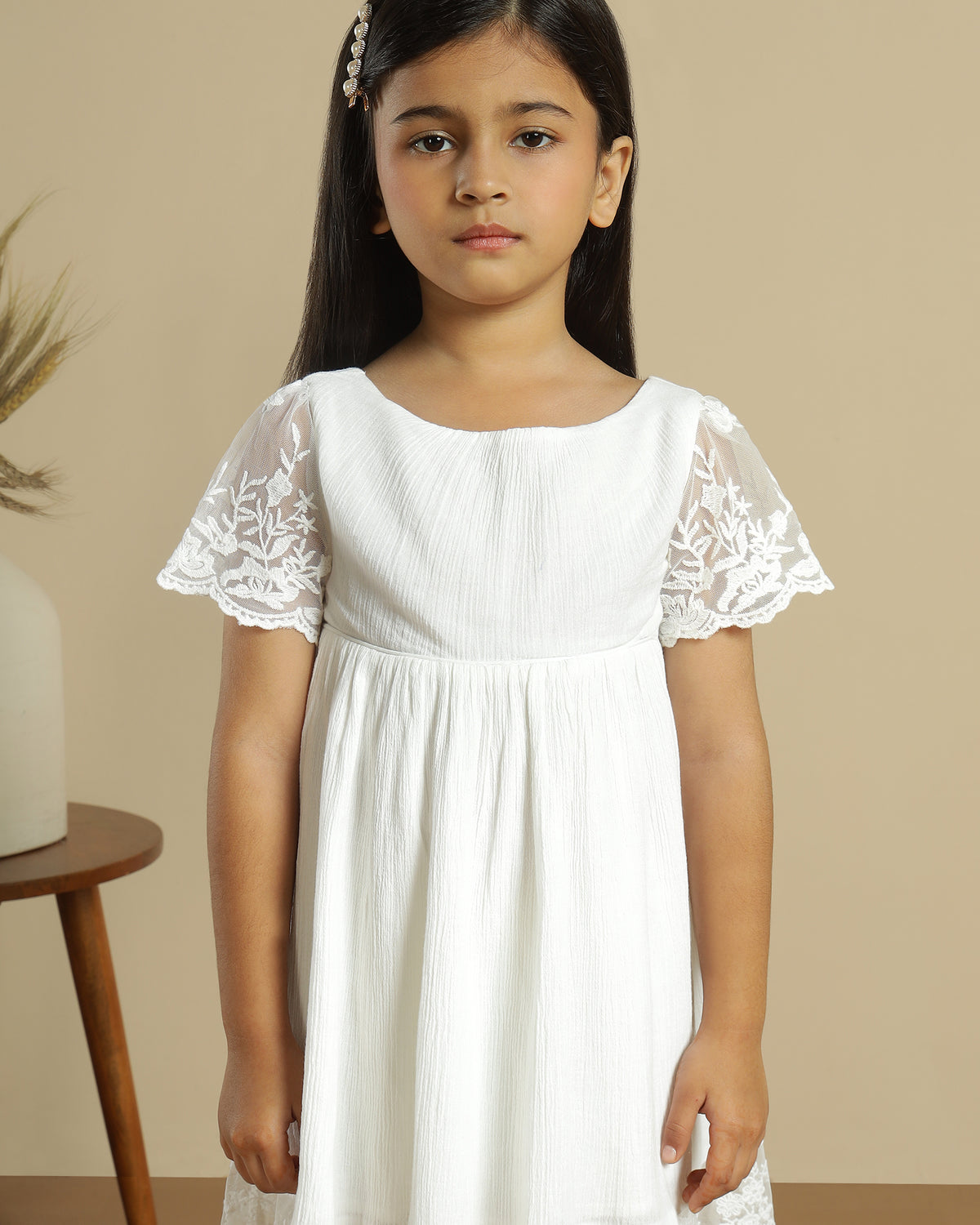 White girls short sleeve dress with ruffle detailing and tiered hem