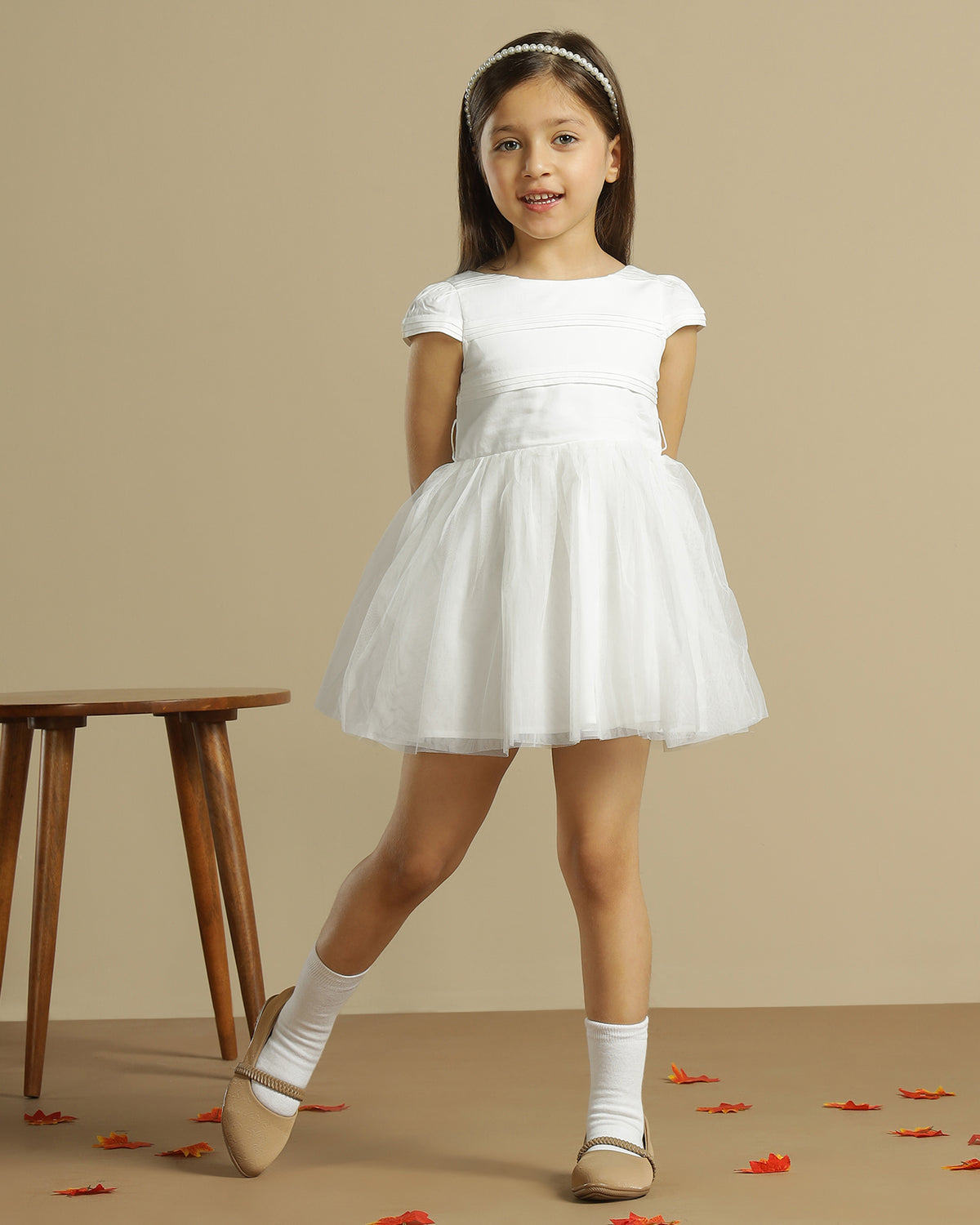 White girls sleeveless fit and flare dress with contrast hem and flared skirt