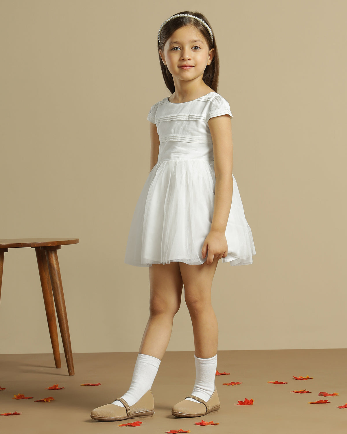 White girls sleeveless fit and flare dress with contrast hem and flared skirt