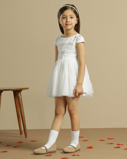 White girls sleeveless fit and flare dress with contrast hem and flared skirt