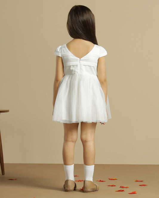 White girls sleeveless fit and flare dress with contrast hem and flared skirt