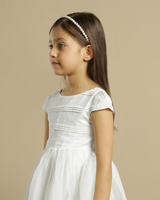 White girls sleeveless fit and flare dress with contrast hem and flared skirt