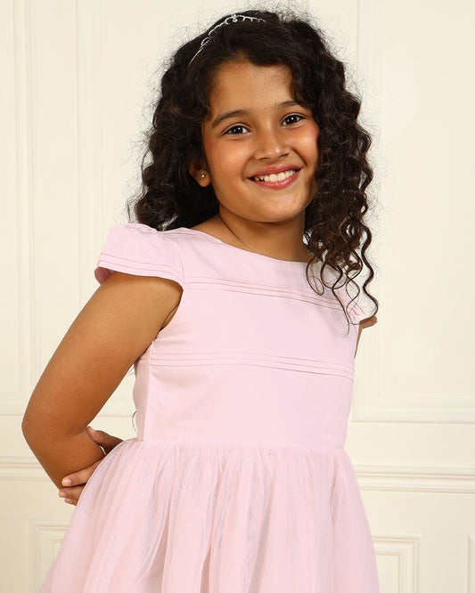 Pink girls sleeveless fit and flare dress with pleated skirt and flared hem