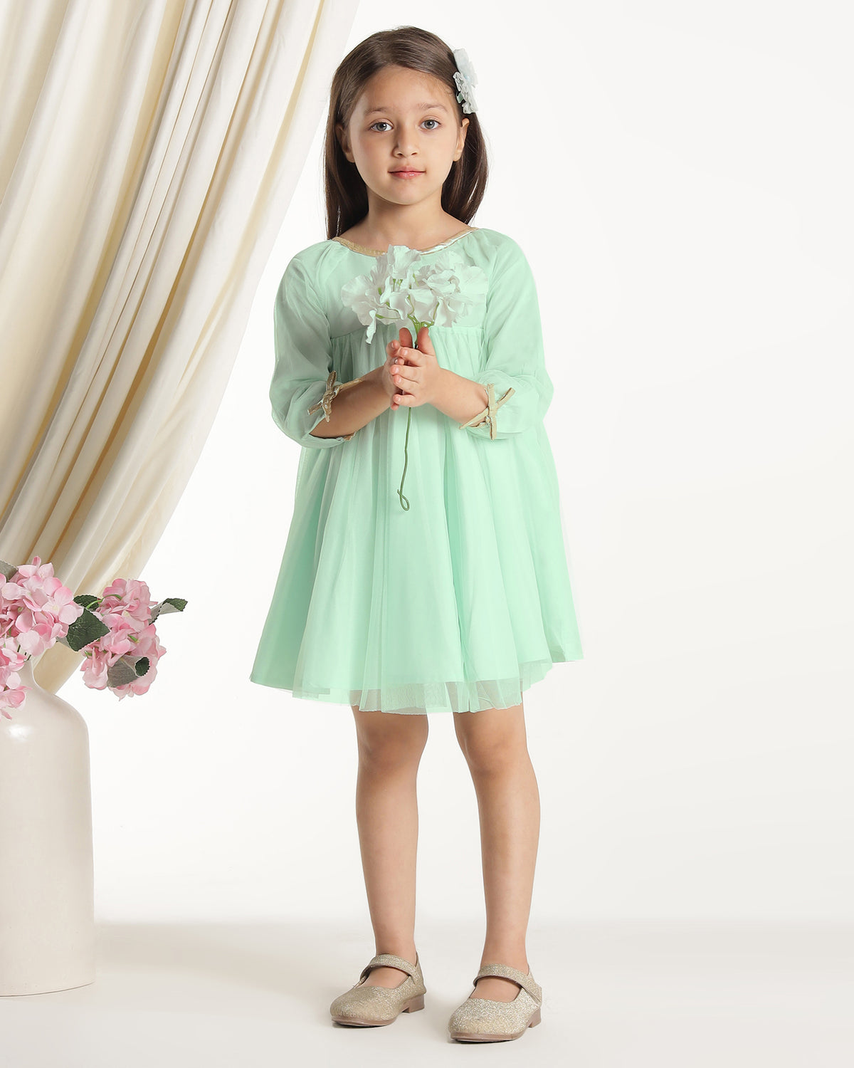 Girls Green Long Sleeves Net Party Dress