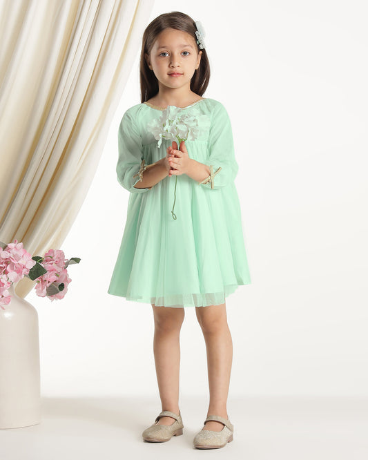 Girls Green Long Sleeves Net Party Dress