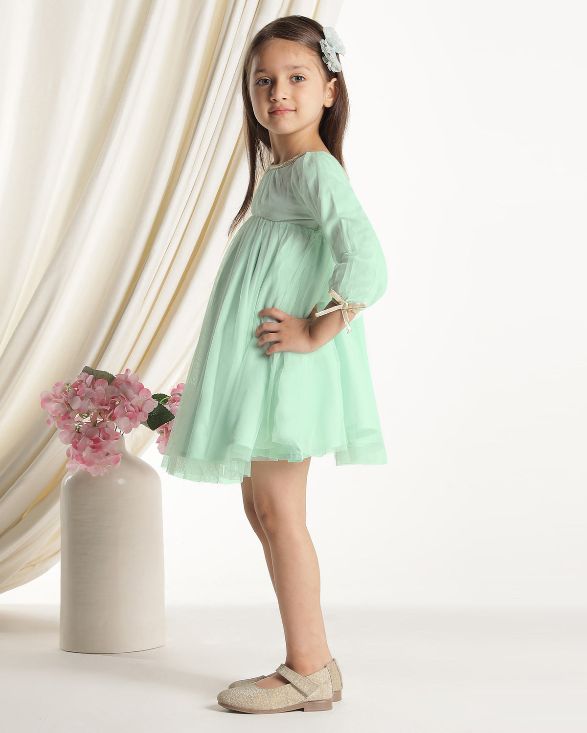 Girls Green Long Sleeves Net Party Dress