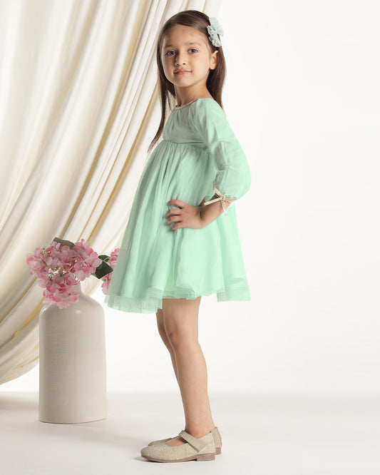 Girls Green Long Sleeves Net Party Dress