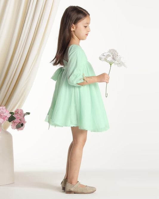 Girls Green Long Sleeves Net Party Dress