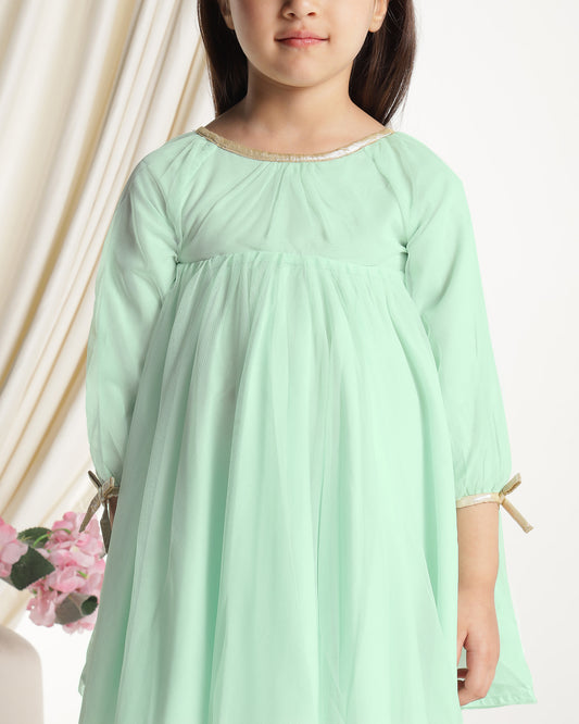 Girls Green Long Sleeves Net Party Dress