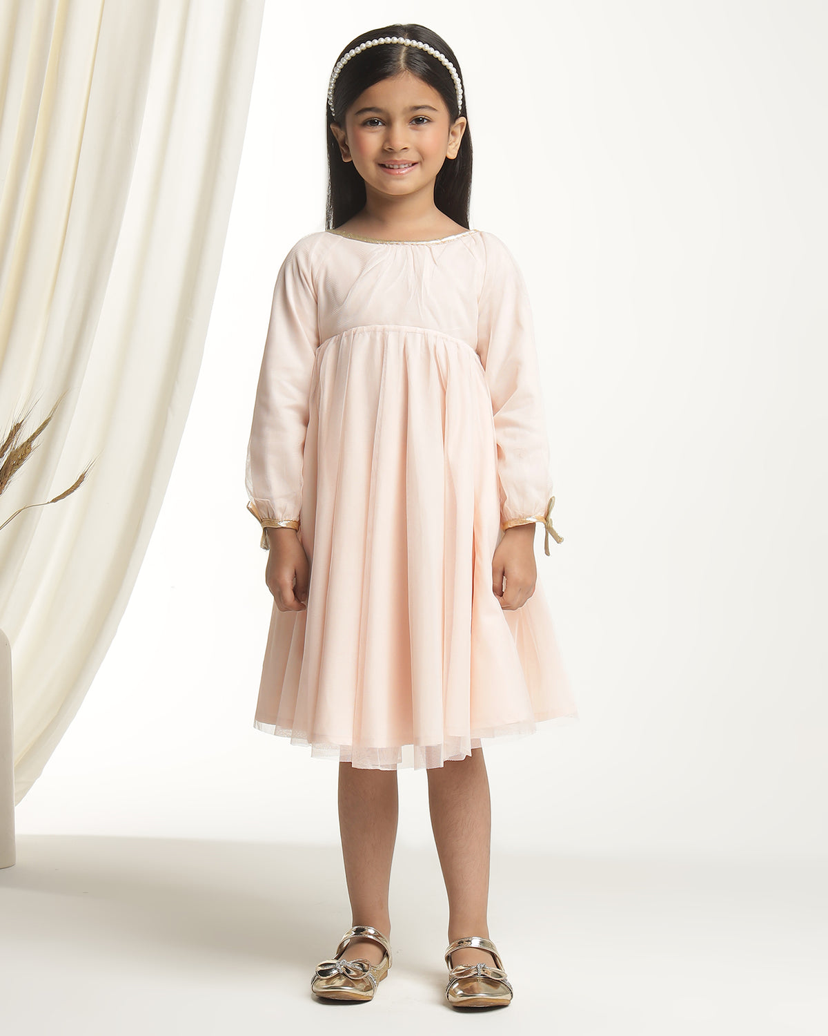 Girls Beige Long Sleeves Net Party Dress