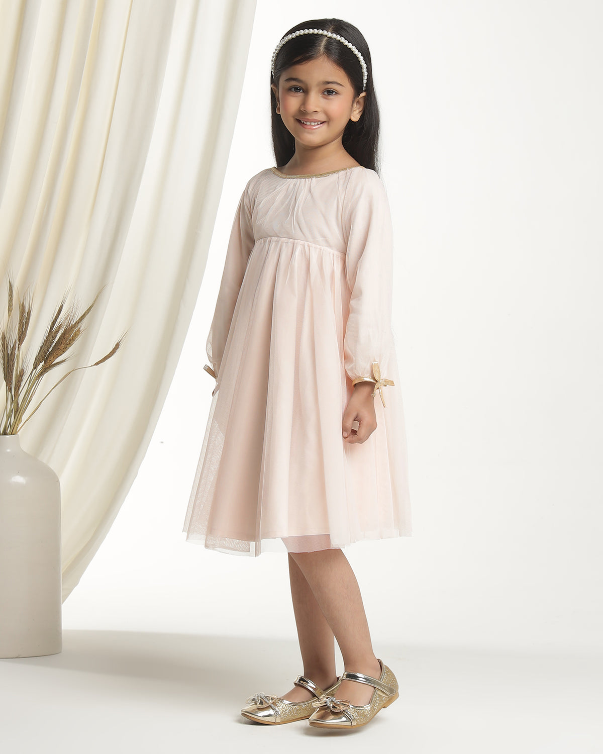 Girls Beige Long Sleeves Net Party Dress