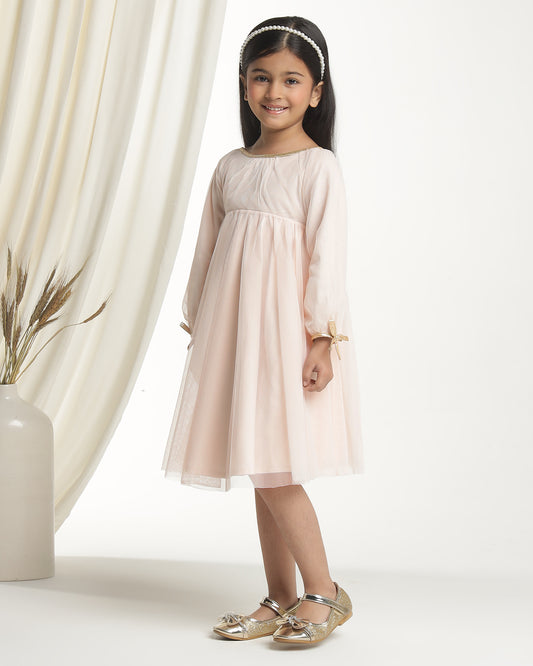 Girls Beige Long Sleeves Net Party Dress