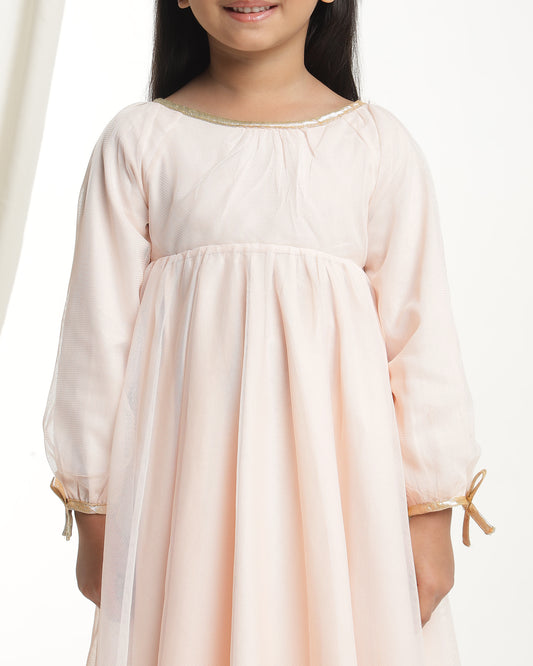 Girls Beige Long Sleeves Net Party Dress