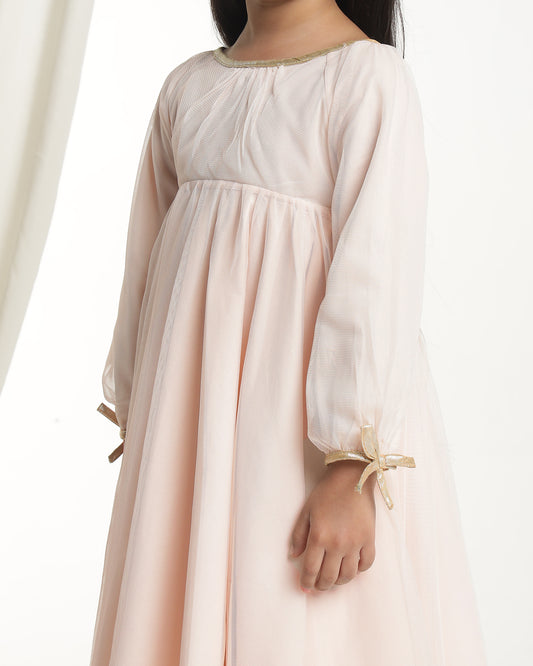 Girls Beige Long Sleeves Net Party Dress