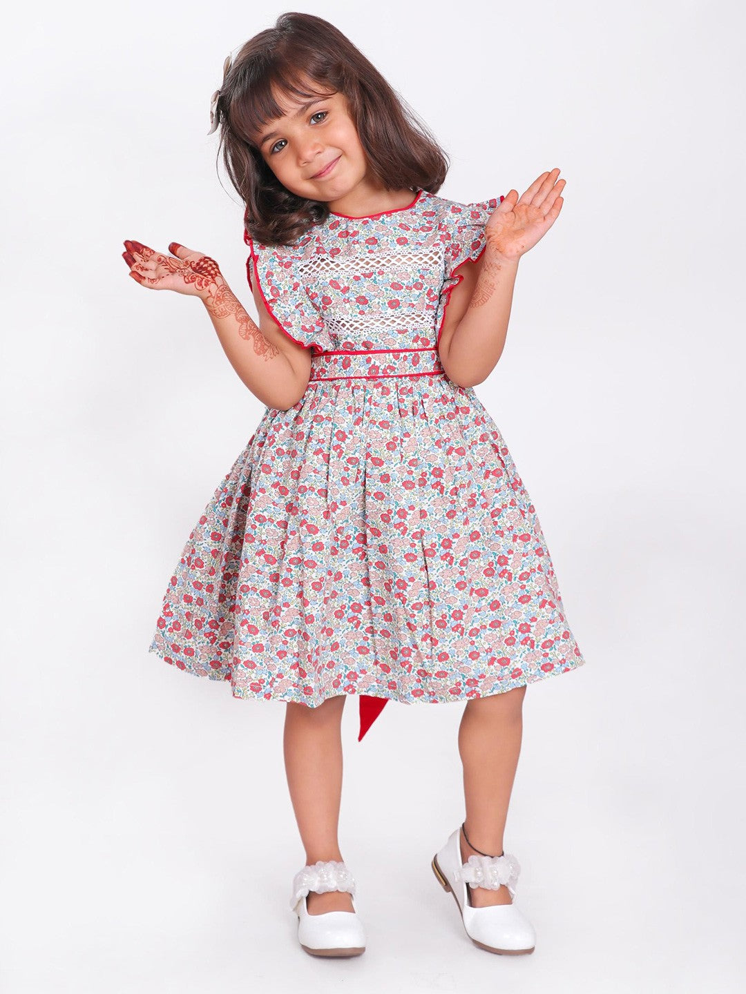 Pink floral printed girls short sleeve dress with gathered waist and flared hem