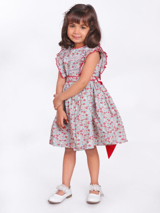 Pink floral printed girls short sleeve dress with gathered waist and flared hem