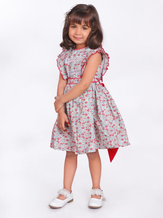 Pink floral printed girls short sleeve dress with gathered waist and flared hem