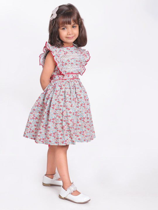 Pink floral printed girls short sleeve dress with gathered waist and flared hem