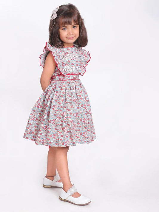 Pink floral printed girls short sleeve dress with gathered waist and flared hem
