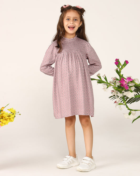 Dusty pink girls flared skirt with gathered waist and pleated detailing