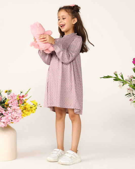 Dusty pink girls flared skirt with gathered waist and pleated detailing