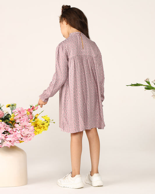 Dusty pink girls flared skirt with gathered waist and pleated detailing