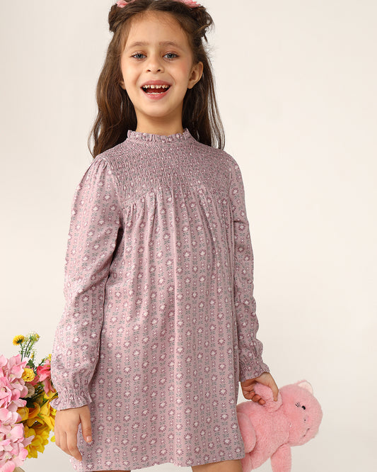 Dusty pink girls flared skirt with gathered waist and pleated detailing