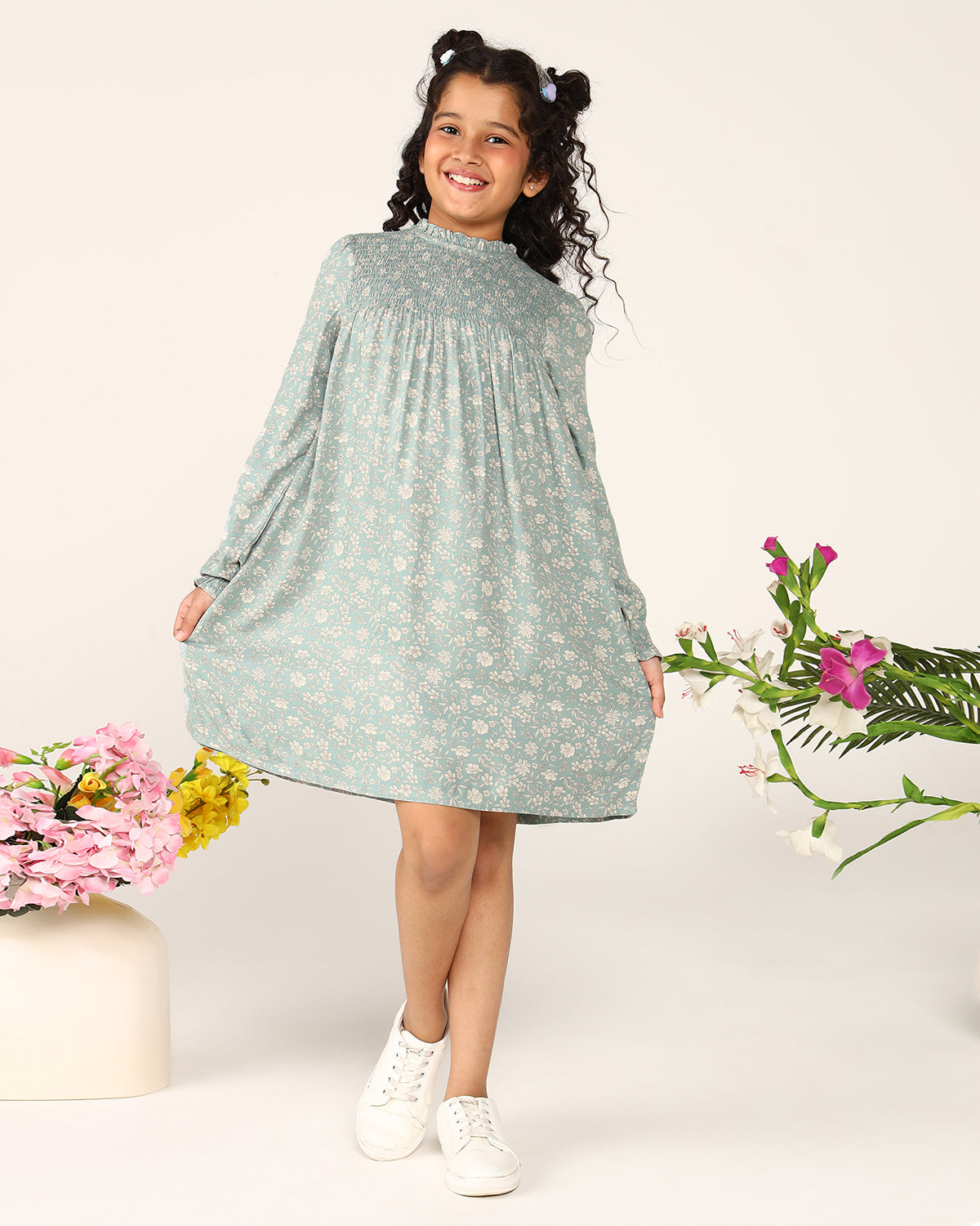 Mint green girls printed flared skirt with gathered waist and flowy hem